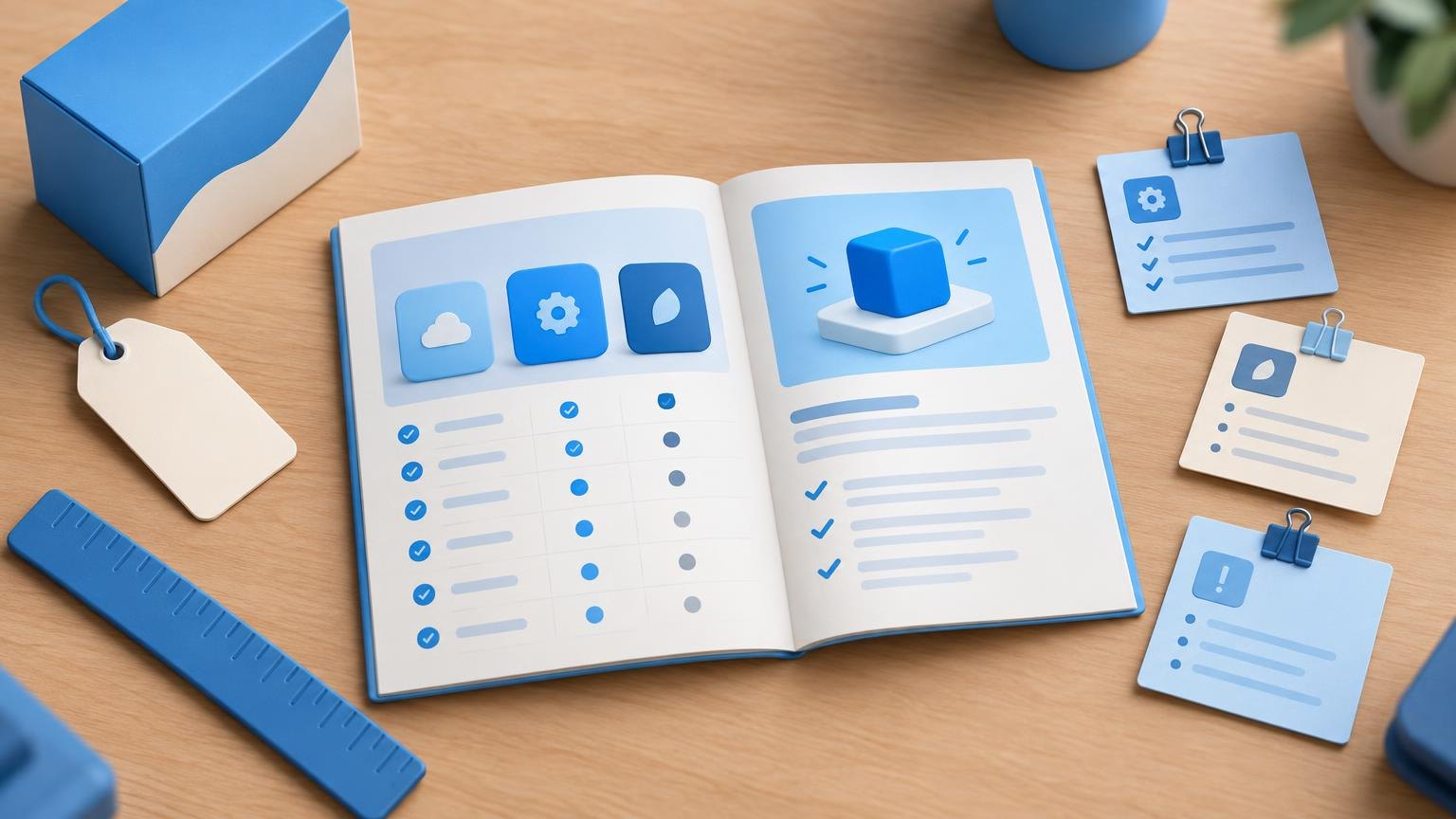 SaaS comparison guide with product sample, blank price tag, and evidence slips