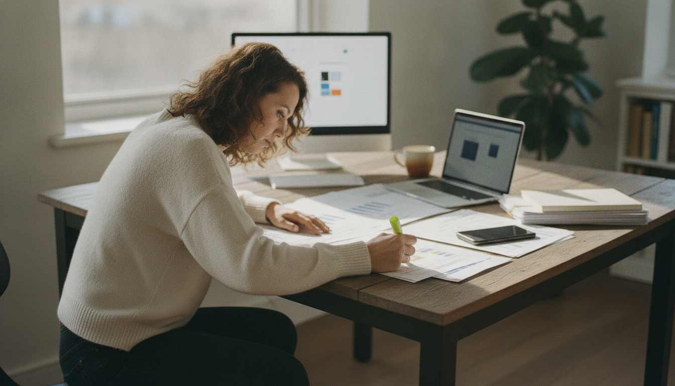 SEO specialist checking index reports and page tests on a desk.