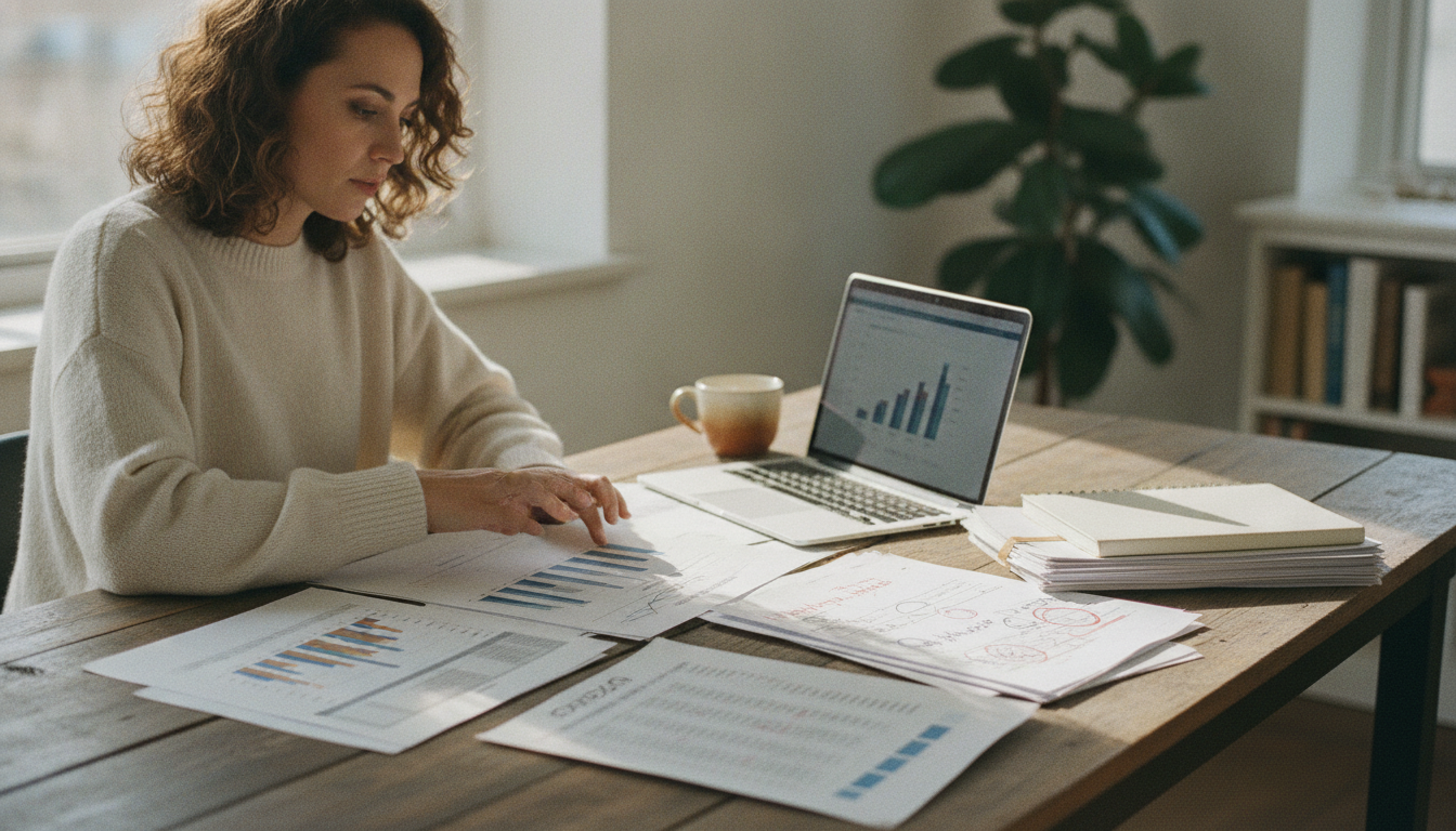Marketer reviewing SEO analytics and article drafts at a desk.
