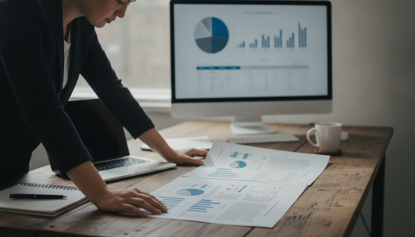 Analyst comparing two AI search performance reports at desk