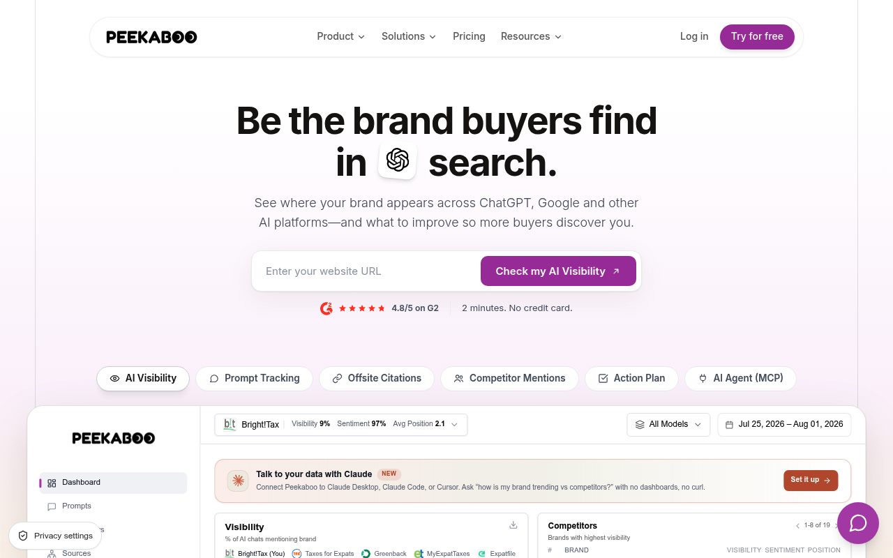 Screenshot of the AI Peekaboo homepage — AI Peekaboo: Best for Agencies Needing White-Label Reporting