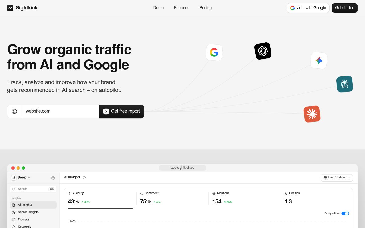 Screenshot of the Sightkick website — Sightkick: visibility tracking, content, and outreach on autopilot