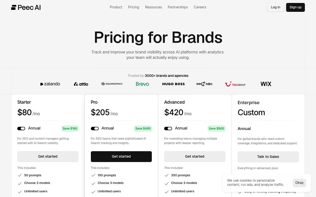 Screenshot of the Peec AI pricing page — Peec AI: Granular Crawlability and Prompt-Based Pricing
