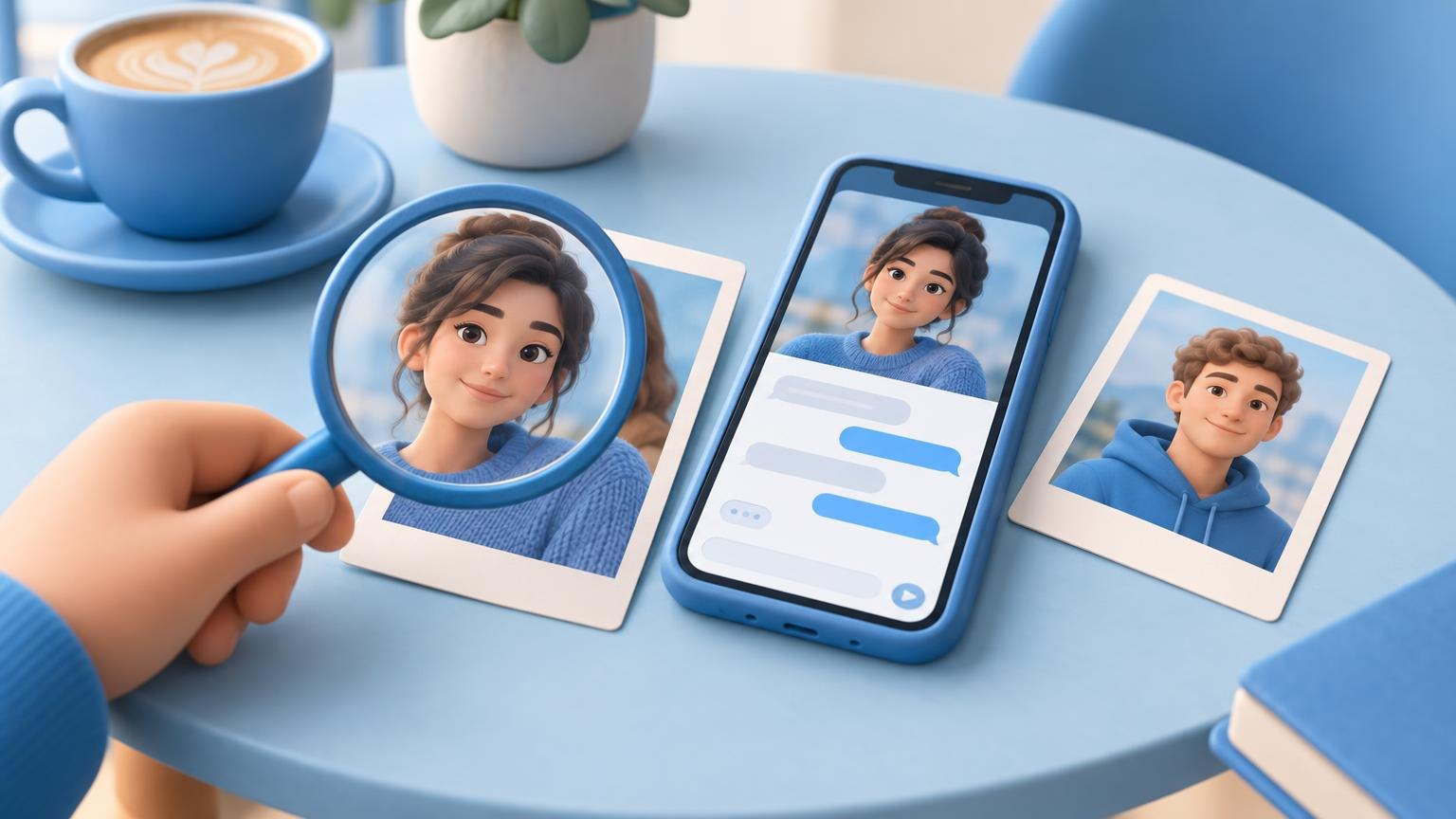 A magnifying glass checks a dating profile photo against other accounts