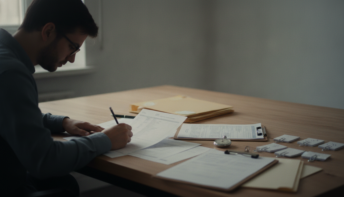 Researcher reviewing printed search results and notes at a table