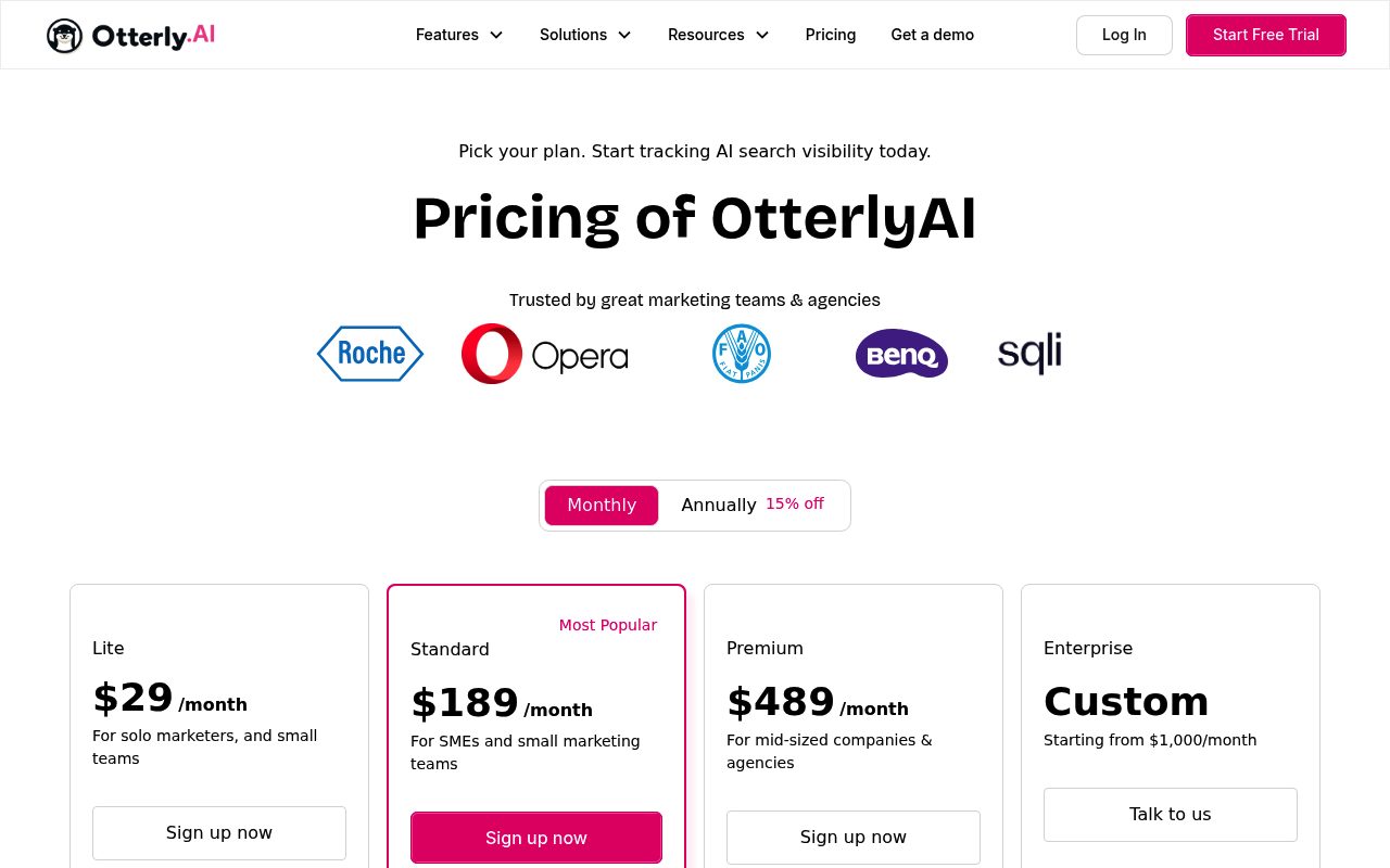Screenshot of the Otterly pricing page — Otterly: Budget-Conscious Multi-Platform Tracking