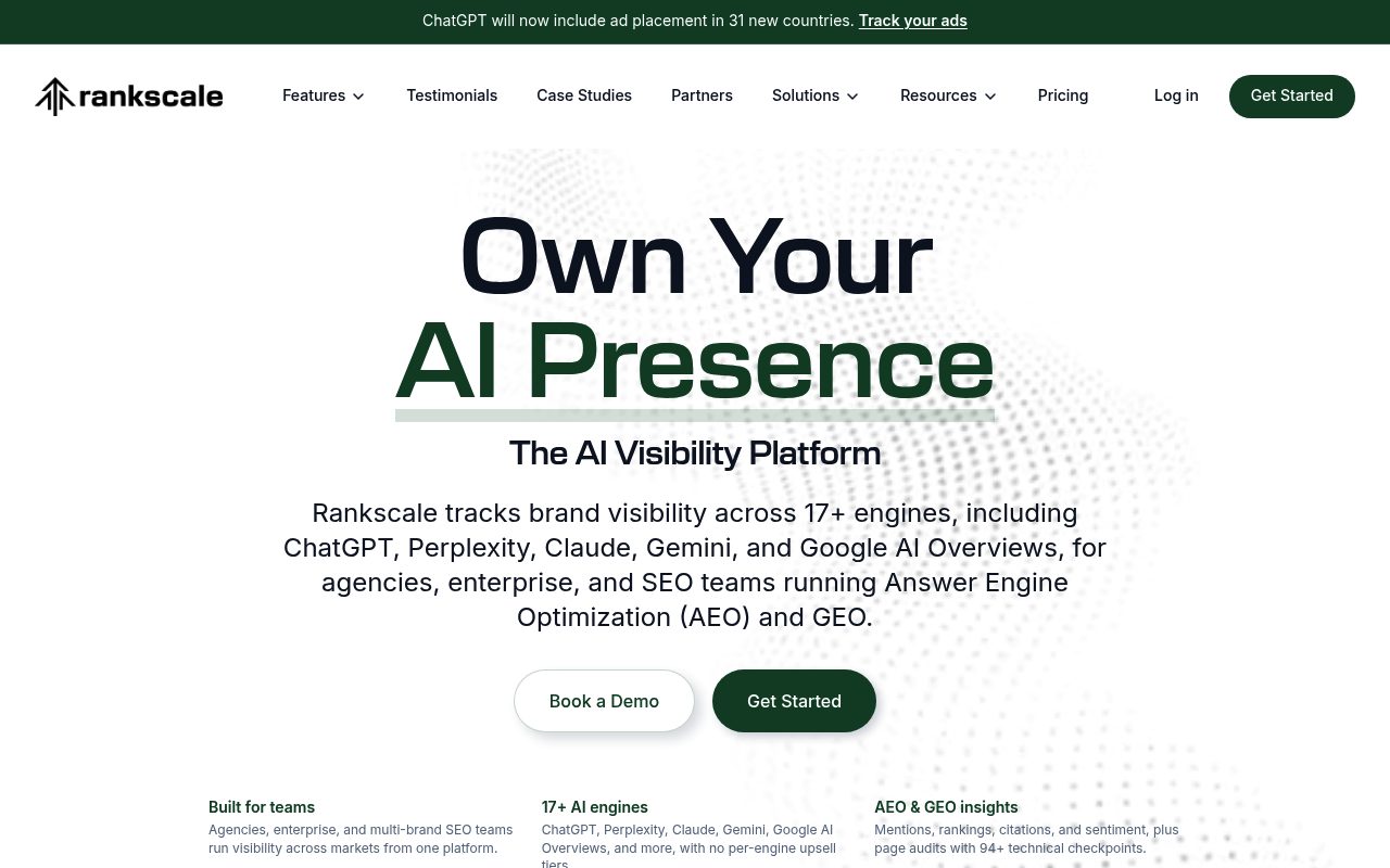 Screenshot of the Rankscale AI homepage — Rankscale AI: Best for Broadest Engine Coverage