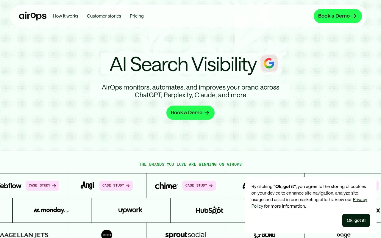 Screenshot of the AirOps ai search visibility page — AirOps: Best for ChatGPT-First Content Teams