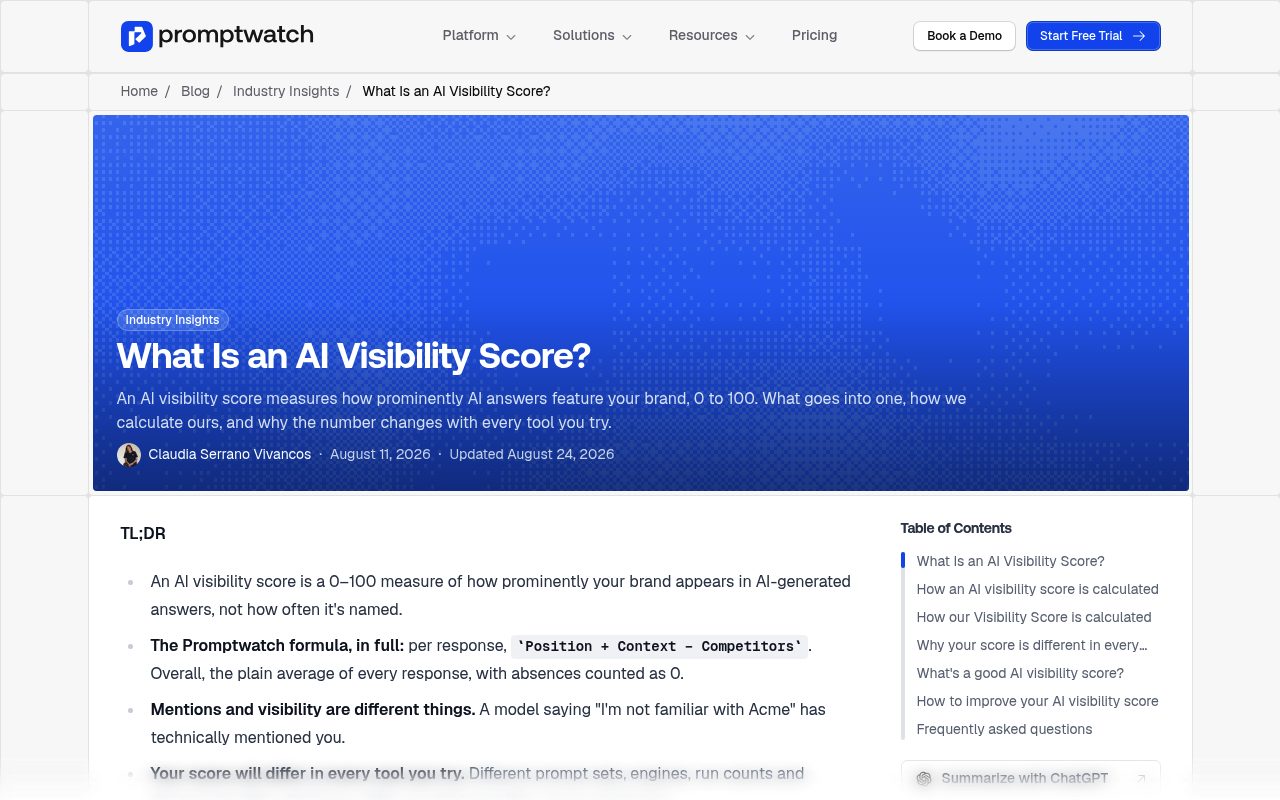 Screenshot of the Promptwatch blog page — Promptwatch: Free Entry-Level Visibility Scans