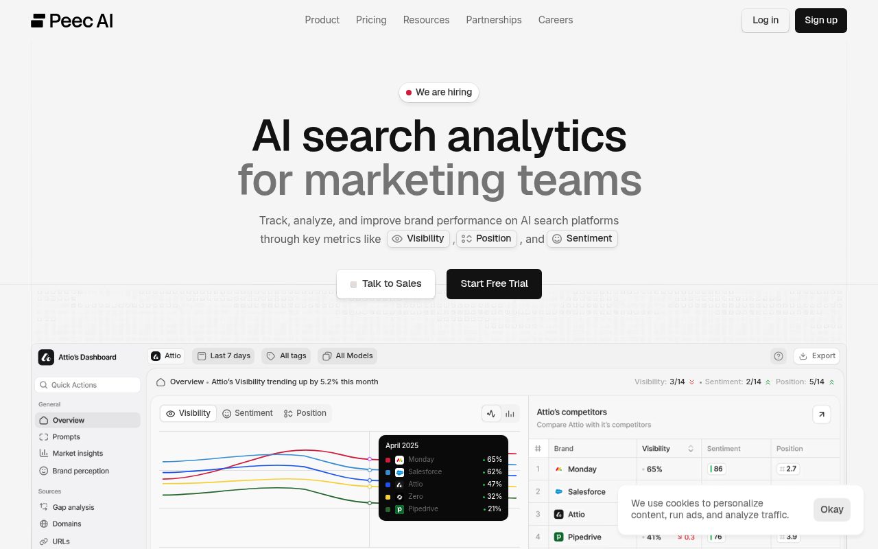 Screenshot of the Peec AI homepage — Peec AI: best for tracking which pages earn AI referral traffic