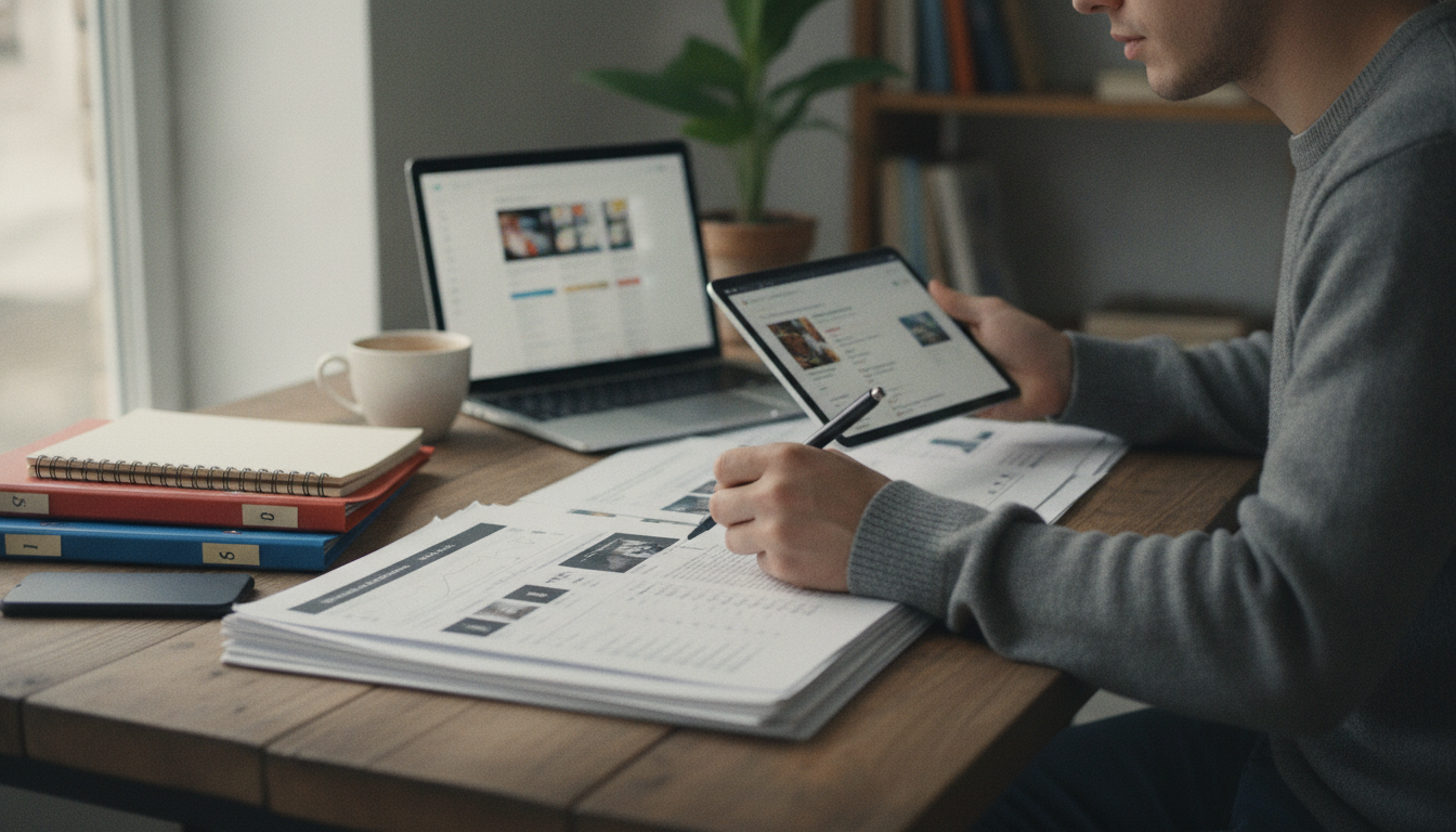 Analyst comparing analytics reports with laptop dashboards at desk