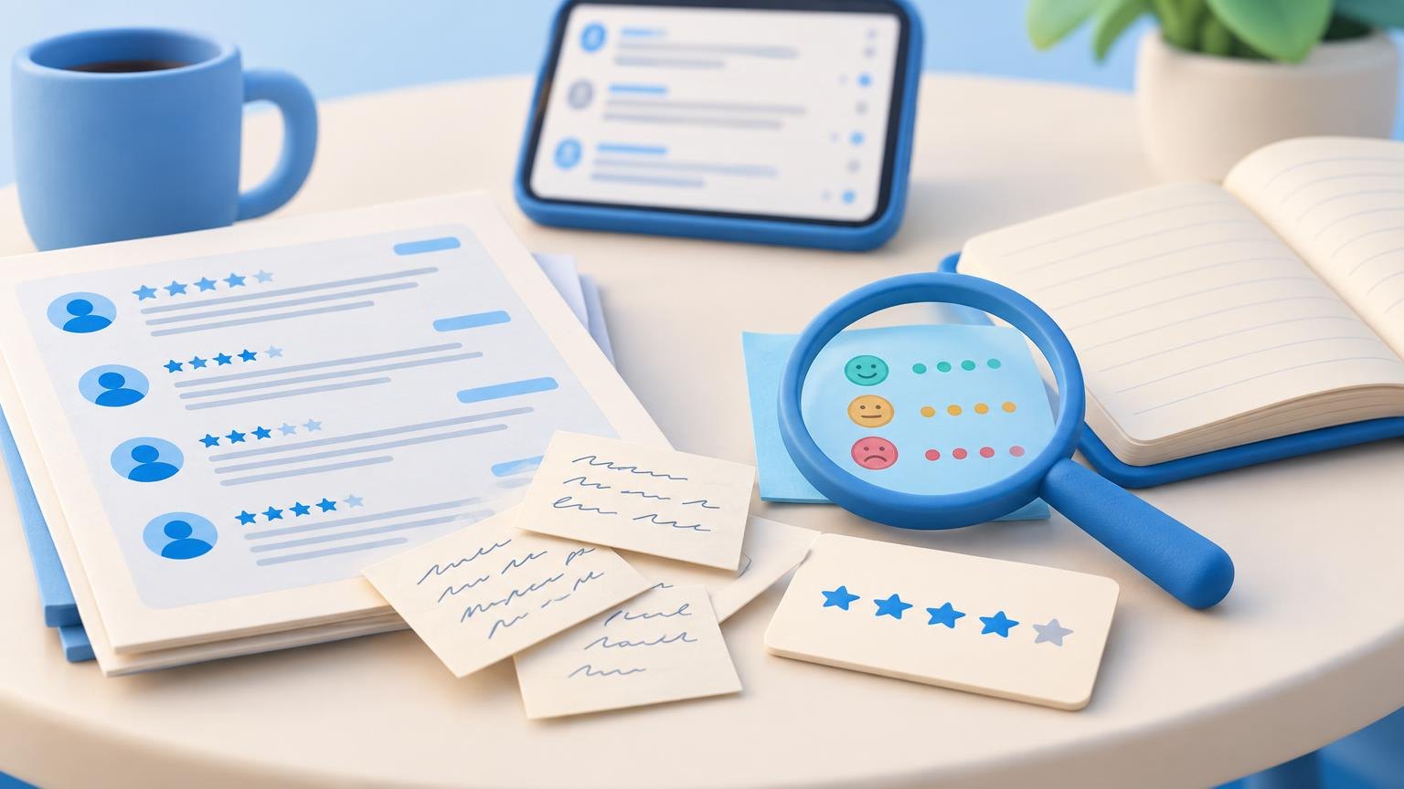 Review cards and comment slips beside a phone on a café table