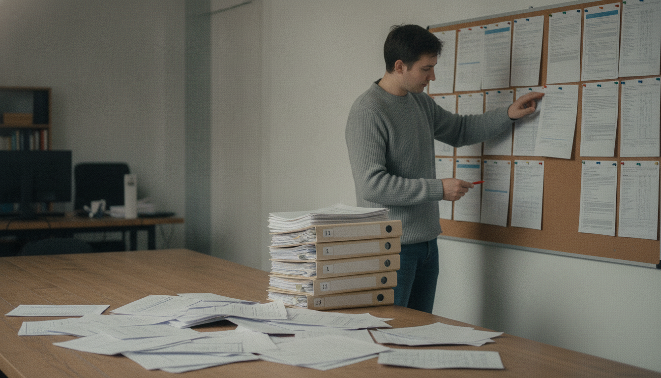 Researcher reviewing printed search prompts and citation reports