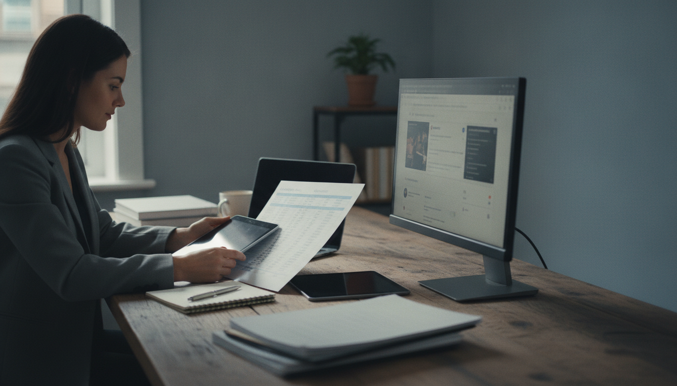Analyst reviewing brand visibility reports across devices.