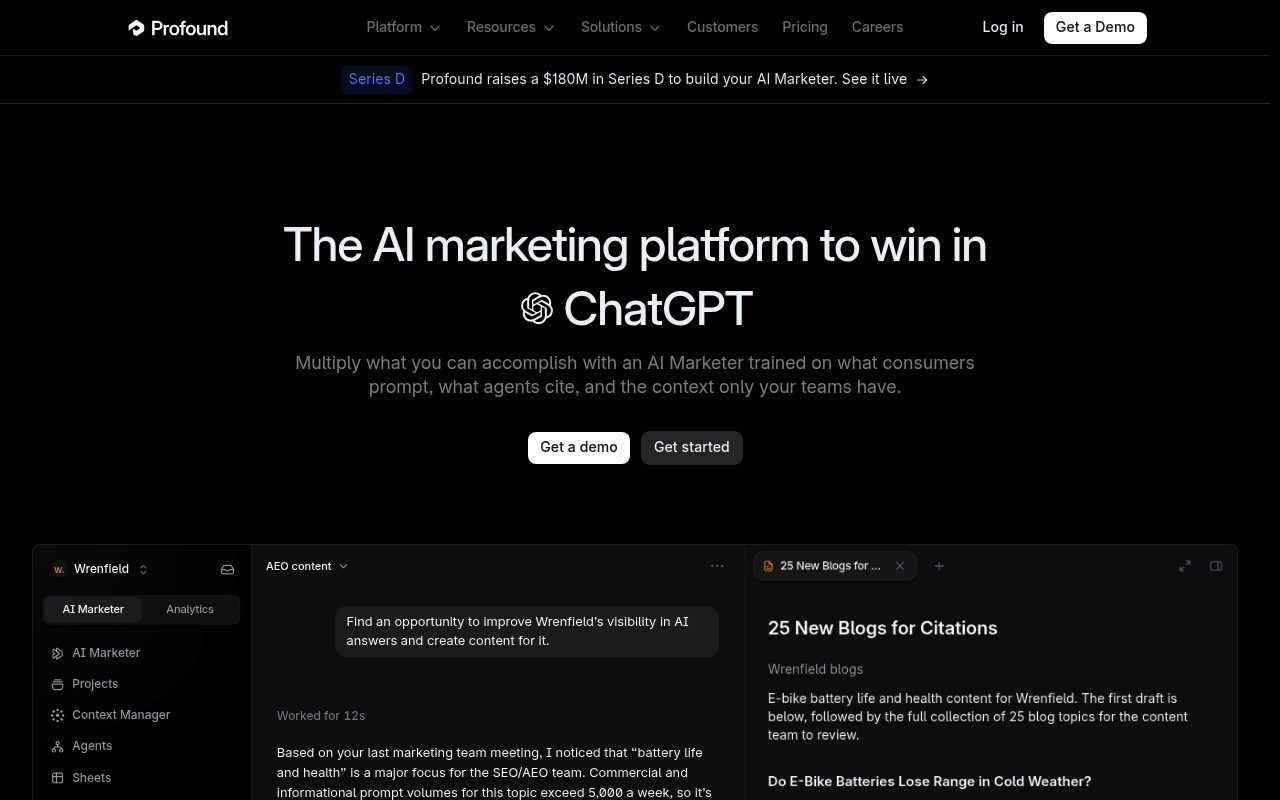Screenshot of the Profound homepage — Profound: Best for Enterprise AI Answer Benchmarking