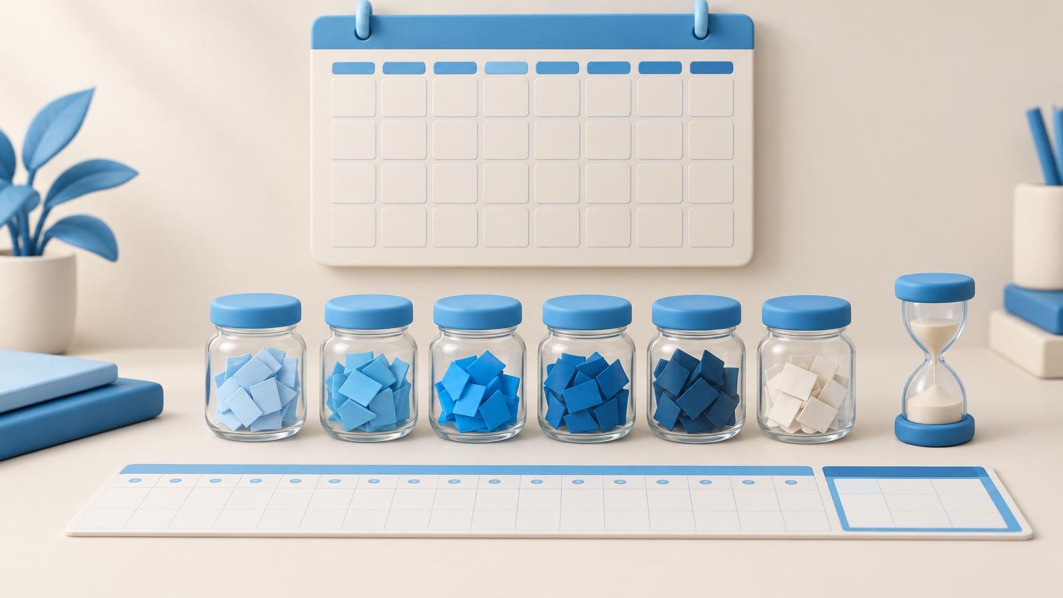 Blank calendar, collected answer samples, and hourglass suggest reporting cadence