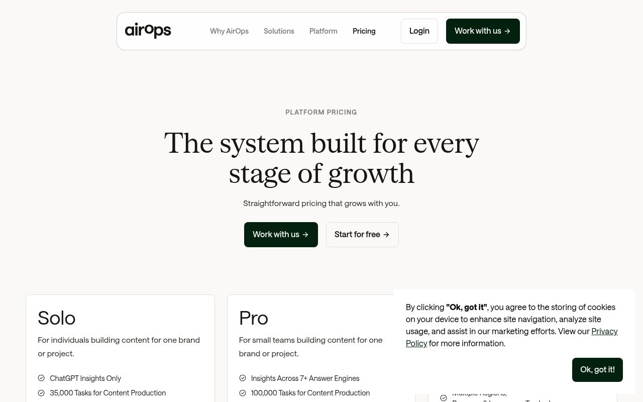 Screenshot of the AirOps pricing page — AirOps: Content Workflow Automation, Not Tracking