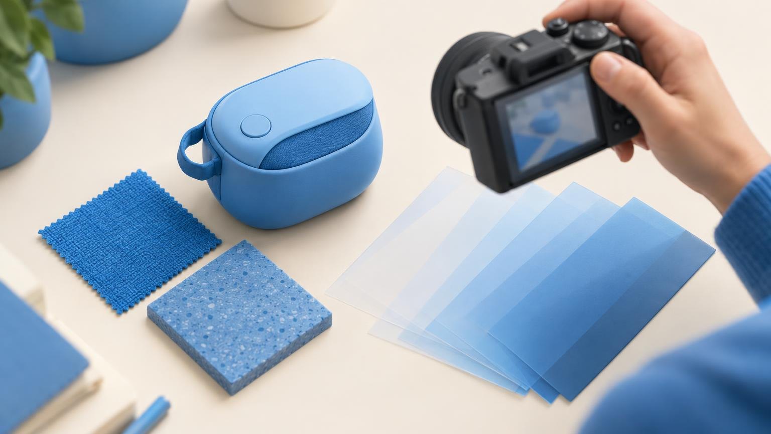 A hand photographs a prototype beside material samples and blank sheets