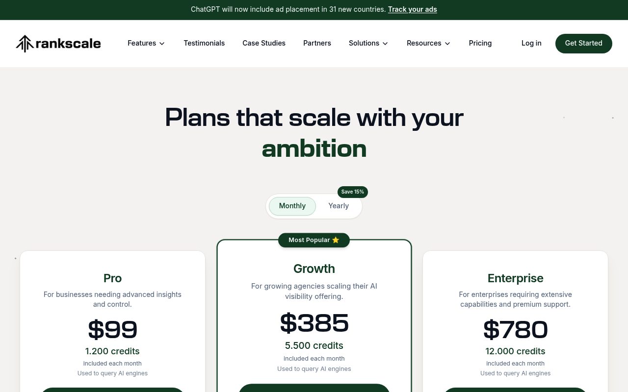 Screenshot of the Rankscale AI pricing page — Rankscale AI &amp; Promptwatch: Best for Flexible Budgets and MCP Access