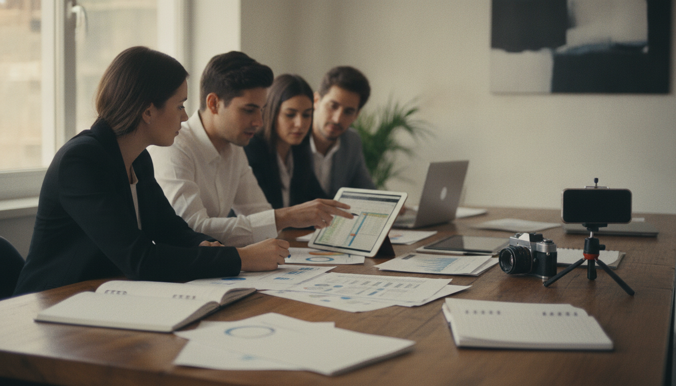Team reviewing search analytics and vendor materials in an office