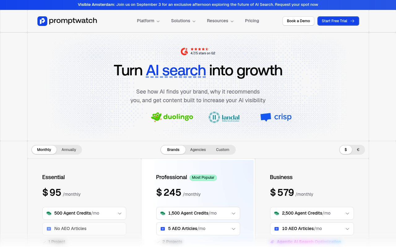 Screenshot of the Promptwatch pricing page — Promptwatch: broad model coverage including Llama and Grok